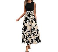 Keepink Summer Maxi Dresses for Women UK Wedding Guest Dress Elegant Empire Waist Dress Floral Boho Long Dresses Sleeveless Crew Neck A Line Sundress Flowy Beach Vacation Sundresses