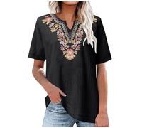 Keepink Summer Tops for Women UK Cotton Linen Tunic Blouses Mexican Embroidered Tee Shirts Boho Short Sleeve Top V-Neck Long T-Shirts Elegant Ladies T Shirts Pullover Clearance
