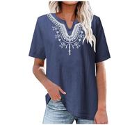 Keepink Summer Tops for Women UK Cotton Linen Tunic Blouses Mexican Embroidered Tee Shirts Boho Short Sleeve Top V-Neck Long T-Shirts Elegant Ladies T Shirts Pullover Clearance