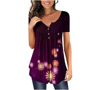 Keepink Summer Tops for Women UK Elegant Dressy Casual Blouse Floral Boho Pleated Shirts Pullover Henley V Neck T Shirt Short Sleeve Loose Fit Tunic Top for Leggings Ladies Tee Shirts