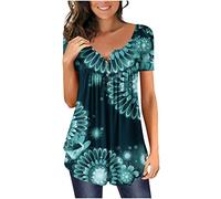 Keepink Summer Tops for Women UK Elegant Dressy Casual Blouse Floral Boho Pleated Shirts Pullover Henley V Neck T Shirt Short Sleeve Loose Fit Tunic Top for Leggings Ladies Tee Shirts