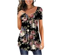 Keepink Summer Tops for Women UK Elegant Dressy Casual Blouse Floral Boho Pleated Shirts Pullover Henley V Neck T Shirt Short Sleeve Loose Fit Tunic Top for Leggings Ladies Tee Shirts
