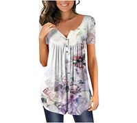 Keepink Summer Tops for Women UK Elegant Dressy Casual Blouse Floral Boho Pleated Shirts Pullover Henley V Neck T Shirt Short Sleeve Loose Fit Tunic Top for Leggings Ladies Tee Shirts