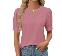 Keepink Summer Tops for Women UK Elegant Puff Sleeve Blouses Solid Casual Crew Neck T Shirts Baggy Pleatd Tunic Tees Ladies Top Dressy Business Work Casual Shirts Pullover Size 8/16