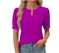 Keepink Summer Tops for Women UK Elegant Puff Sleeve Blouses Solid Casual Crew Neck T Shirts Baggy Pleatd Tunic Tees Ladies Top Dressy Business Work Casual Shirts Pullover Size 8/16