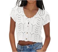 Keepink Summer Tops for Women UK Short Sleeve Button Down Cardigans Solid Thin Hollow Knitted Shirts Crochet Cardigan Casual Blouse Sexy Crop Top for Girls Going Out Size 8-12 Sale