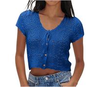 Keepink Summer Tops for Women UK Short Sleeve Button Down Cardigans Solid Thin Hollow Knitted Shirts Crochet Cardigan Casual Blouse Sexy Crop Top for Girls Going Out Size 8-12 Sale