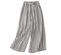 Keepink Summer Trousers for Women UK Fashion Stripe Print Wide Legs Pants Cozy Cotton Linen Casual Trousers Plus Size Baggy Drawstring Palazzo Ladies Culottes Pants