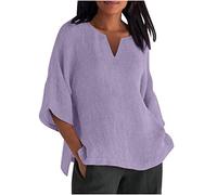 Keepink Summer Womens Cotton Linen Loose Blouse Tops Ladies T-Shirts Solid Plus Size 3/4 Length Sleeve Top Casual V Neck T Shirts Elegant Dressy Tunic Shirts Office Work Tees UK 8-22