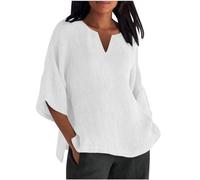 Keepink Summer Womens Cotton Linen Loose Blouse Tops Ladies T-Shirts Solid Plus Size 3/4 Length Sleeve Top Casual V Neck T Shirts Elegant Dressy Tunic Shirts Office Work Tees UK 8-22