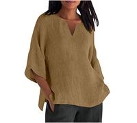 Keepink Summer Womens Cotton Linen Loose Blouse Tops Ladies T-Shirts Solid Plus Size 3/4 Length Sleeve Top Casual V Neck T Shirts Elegant Dressy Tunic Shirts Office Work Tees UK 8-22