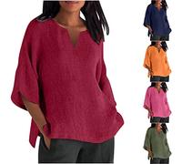 Keepink Summer Womens Cotton Linen Loose Blouse Tops Ladies T-Shirts Solid Plus Size 3/4 Length Sleeve Top Casual V Neck T Shirts Elegant Dressy Tunic Shirts Office Work Tees UK 8-22