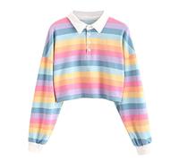 Keepink Sweatshirts for Women UK Women'S Rainbow Stripe Crop Jumpers Trendy Long Sleeve Button Up Polo Patchcolor Sports Pullover Y2K Preppy Top Blouses Fit Students