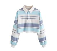 Keepink Sweatshirts for Women UK Women'S Rainbow Stripe Crop Jumpers Trendy Long Sleeve Button Up Polo Patchcolor Sports Pullover Y2K Preppy Top Blouses Fit Students