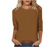 Keepink T Shirts for Women UK 3/4 Length Sleeve Tops Solid Pullover Crew Neck Casual Tunics T-Shirt Summer Dressy Blouses Classic Work Office Top Loose Athletic Fit Tee Shirts Sale