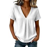 Keepink T Shirts for Women UK Cotton Blend Summer V Neck Linen Short Sleeve Tops Solid Lightweight Breathable Pleated Casual Tunic Blouse Pull On Loose Ladies Tees for Hot Weather