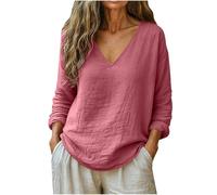 Keepink T Shirts for Women UK Cotton Linen Roll Up Long Sleeve Tops Solid Color Tee V Neck Casual Loose Blouses Relaxed Fit Tunic Pullover Fashion Dressy Blouse for Comfort Everyday