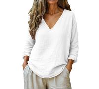 Keepink T Shirts for Women UK Cotton Linen Roll Up Long Sleeve Tops Solid Color Tee V Neck Casual Loose Blouses Relaxed Fit Tunic Pullover Fashion Dressy Blouse for Comfort Everyday