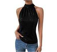 Keepink Tank Tops Womens High Neck Sequin Vest Shirts Sparkly Sleeveless Halter Top Elegant Blouse Party Evening Dressy Wear Shiny Glitter Club Disco Rock Concert Outfit