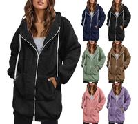 Keepink Teddy Fleece Jacket Women Winter Zip Fluffy Coat Cozy Fuzzy Sherpa Hoodie Warm Plush Longline Cardigan Ladies Jumper Hooded Overcoat Pockets Plus Size Sweatshirt Outerwear