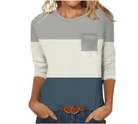 Keepink Three Quarter Sleeve Tops for Women UK Elegant Pullover Blouse Cute Printed/Solid T Shirts Crew Neck 3/4 Length Sleeve Tunic Shirts Loose Trendy Tshirts Cotton Gym Top 8-18