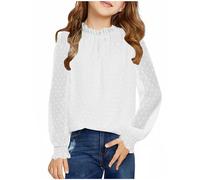 Keepink Tops for Girls Age 4-13 Cute Swiss Dots Chiffon Blouses Dressy Casual Bell Long Sleeve Top Baggy Crewneck Tunic Tshirts Youth Girls T Shirts Basic Shirts Tee Kids Girl's Jumpers