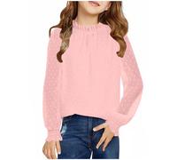 Keepink Tops for Girls Age 4-13 Cute Swiss Dots Chiffon Blouses Dressy Casual Bell Long Sleeve Top Baggy Crewneck Tunic Tshirts Youth Girls T Shirts Basic Shirts Tee Kids Girl's Jumpers