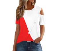 Keepink Tops for Women Casual Summer Cold Shoulder Blouse Patchwork Color Button Short Sleeve Tee Shirts Baggy Athletic Tshirt Ladies Tunic Tops Dressy Going Out Blouse Clearance