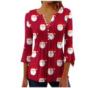 Keepink Tops for Women UK 3/4 Bell Sleeve Henley Blouse Elegant Pleated Pullover Top Novelty Santa Claus Blouses Loose Tunic T Shirt Cute Casual Festival Party Shirts Plus Size 8-18