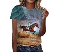 Keepink Tops for Women UK Round Neck Short Sleeve Pullover T-Shirt Cute Equestrian Print Top Funny Oversized Tshirts Breathable Moisture-Wicking Riding Shirt for Horse Shows