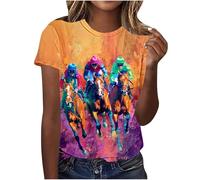 Keepink Tops for Women UK Round Neck Short Sleeve Pullover T-Shirt Cute Equestrian Print Top Funny Oversized Tshirts Breathable Moisture-Wicking Riding Shirt for Horse Shows