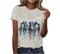 Keepink Tops for Women UK Round Neck Short Sleeve Pullover T-Shirt Cute Equestrian Print Top Funny Oversized Tshirts Breathable Moisture-Wicking Riding Shirt for Horse Shows