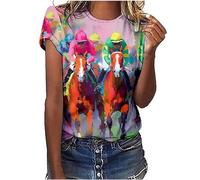 Keepink Tops for Women UK Summer Basic T Shirts 3D Graphic Print T-Shirt Animal Horses Cute Tee Short Sleeve Funny Tops Casual Loose Fit Tshirts Club Party Pullover Size UK 8-18