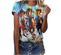 Keepink Tops for Women UK Summer Basic T Shirts 3D Graphic Print T-Shirt Animal Horses Cute Tee Short Sleeve Funny Tops Casual Loose Fit Tshirts Club Party Pullover Size UK 8-18