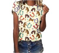 Keepink Tops for Women UK Summer Basic T Shirts 3D Graphic Print T-Shirt Animal Horses Cute Tee Short Sleeve Funny Tops Casual Loose Fit Tshirts Club Party Pullover Size UK 8-18