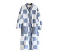 Keepink Towelling Bath Robes for Women Button Front House Coat Checkered Nightshirt Ladies Dressing Gowns Fluffy Long Sleeve Nightgown Casual Oversized Loungewear Dress with Pockets