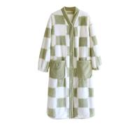 Keepink Towelling Bath Robes for Women Button Front House Coat Checkered Nightshirt Ladies Dressing Gowns Fluffy Long Sleeve Nightgown Casual Oversized Loungewear Dress with Pockets