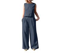 Keepink Tracksuit Womens Full Set Pants Sets Trousers Suits Outfits Sleeveless Round Neck Tank Tops Matching Sets for Ladies Elastic Waist Wide Leg Co Ord Sets for Women
