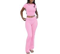 Keepink Tracksuit Womens Full Set Two Piece Short Sleeve Slim Fit Loungewear Set Flare Fold Over Pants Set Y2K Basic Crop Top Low Rise Yoga Leggings Set Plain Daily Outfits