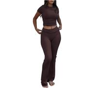 Keepink Tracksuit Womens Full Set Two Piece Short Sleeve Slim Fit Loungewear Set Flare Fold Over Pants Set Y2K Basic Crop Top Low Rise Yoga Leggings Set Plain Daily Outfits