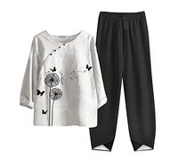 Keepink Trouser Suits for Ladies Women's Tracksuits 2 Piece Sets Summer Half Sleeve Round Neck Floral Printed Tops Casual Elastic Waist Sweatpants Comfy Matching Loungewear