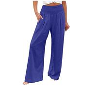 Keepink Trousers for Women UK Clearance Summer Casual Cotton Linen Trousers High Waist Wide Leg Pants Loose Elastic Waist Straight Palazzo Trousers Yoga Sweatpants with Pockets
