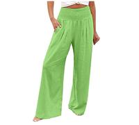 Keepink Trousers for Women UK Clearance Summer Casual Cotton Linen Trousers High Waist Wide Leg Pants Loose Elastic Waist Straight Palazzo Trousers Yoga Sweatpants with Pockets