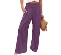 Keepink Trousers for Women UK Elastic Waist Wide Leg Cotton Linen Pants Solid Casual Comfort Palazzo Trouser Work Pant Baggy Straight Leg Sweatpants Lounge Bottoms Long/Tall S-5XL