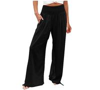 Keepink Trousers for Women UK Elastic Waist Wide Leg Cotton Linen Pants Solid Casual Comfort Palazzo Trouser Work Pant Baggy Straight Leg Sweatpants Lounge Bottoms Long/Tall S-5XL