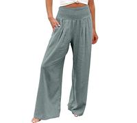 Keepink Trousers for Women UK Elastic Waist Wide Leg Cotton Linen Pants Solid Casual Comfort Palazzo Trouser Work Pant Baggy Straight Leg Sweatpants Lounge Bottoms Long/Tall S-5XL
