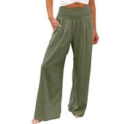Keepink Trousers for Women UK Elastic Waist Wide Leg Cotton Linen Pants Solid Casual Comfort Palazzo Trouser Work Pant Baggy Straight Leg Sweatpants Lounge Bottoms Long/Tall S-5XL
