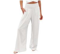 Keepink Trousers for Women UK Elastic Waist Wide Leg Cotton Linen Pants Solid Casual Comfort Palazzo Trouser Work Pant Baggy Straight Leg Sweatpants Lounge Bottoms Long/Tall S-5XL