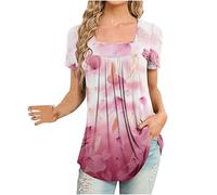 Keepink Tunic Tops for Women UK Dressy Casual Short Sleeve Shirts Boho Floral Loose T-Shirt Elegant Front Pleated Blouse Square Neck Summer Tees Ladies Longline Top Going Out Outfits