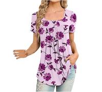 Keepink Tunic Tops for Women UK Dressy Casual Short Sleeve Shirts Boho Floral Loose T-Shirt Elegant Front Pleated Blouse Square Neck Summer Tees Ladies Longline Top Going Out Outfits